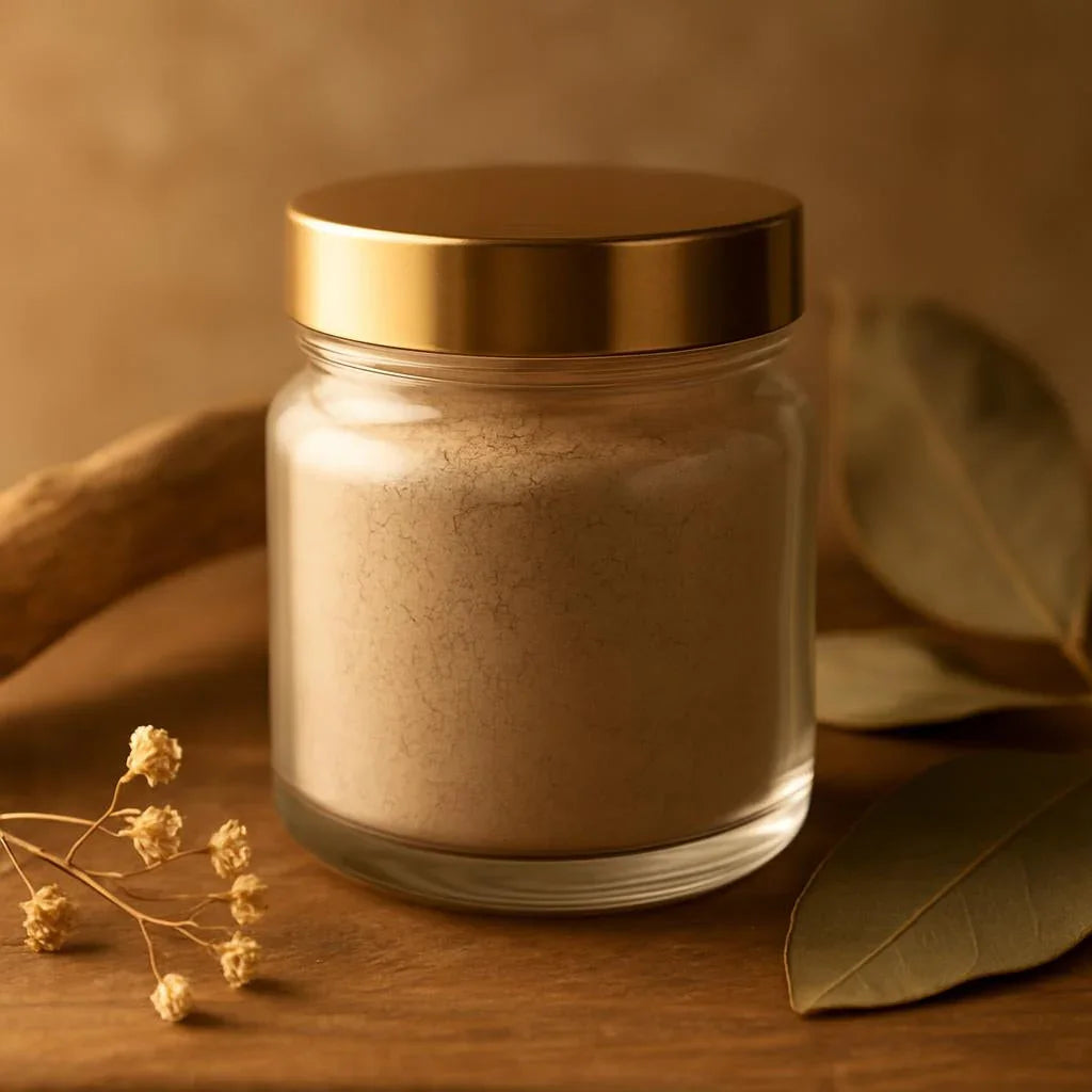 Pot en verre avec poudre beige, couvercle doré, feuilles et fleurs séchées sur fond bois.