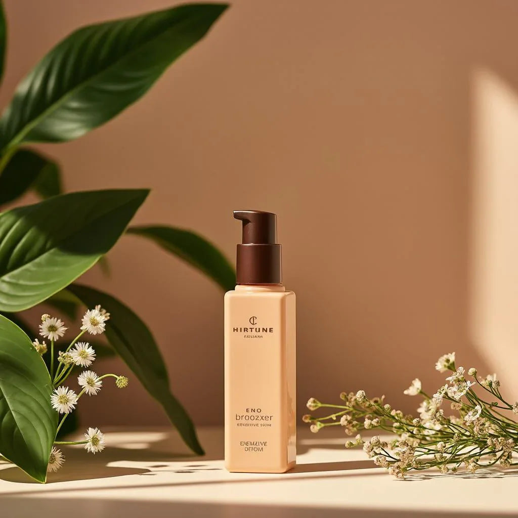 Flacon de sérum HIRTUNE sur fond beige, décoré de feuilles vertes et fleurs blanches