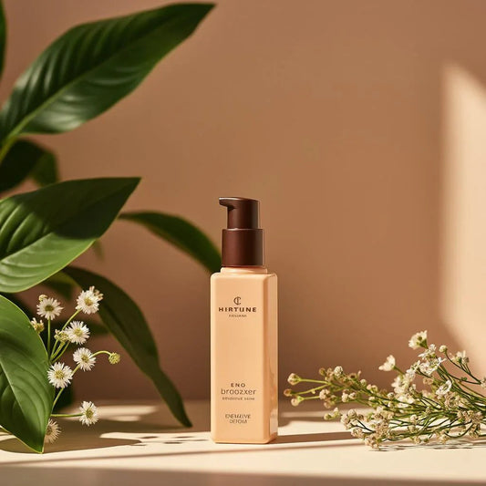 Flacon de sérum HIRTUNE sur fond beige, décoré de feuilles vertes et fleurs blanches