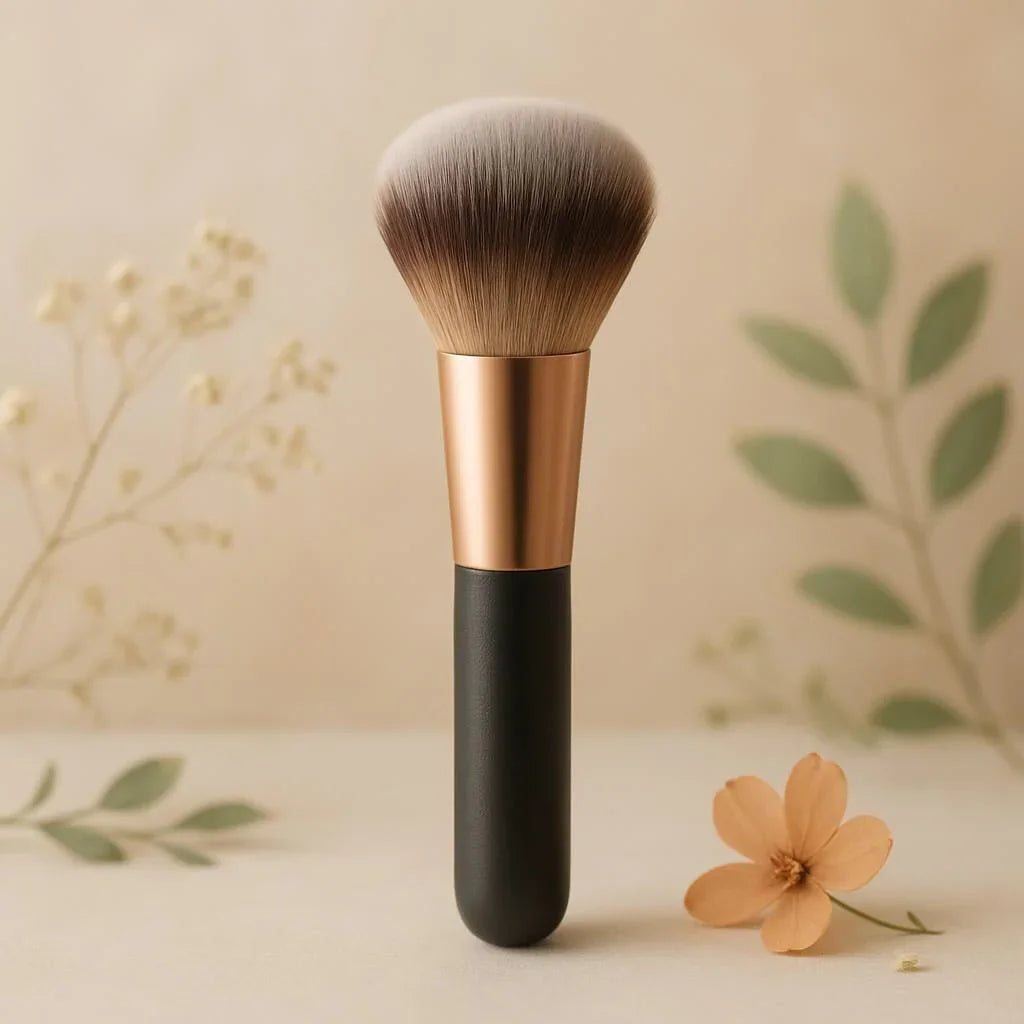 Pinceau maquillage doux à manche noir et doré, décor floral, fond beige élégant