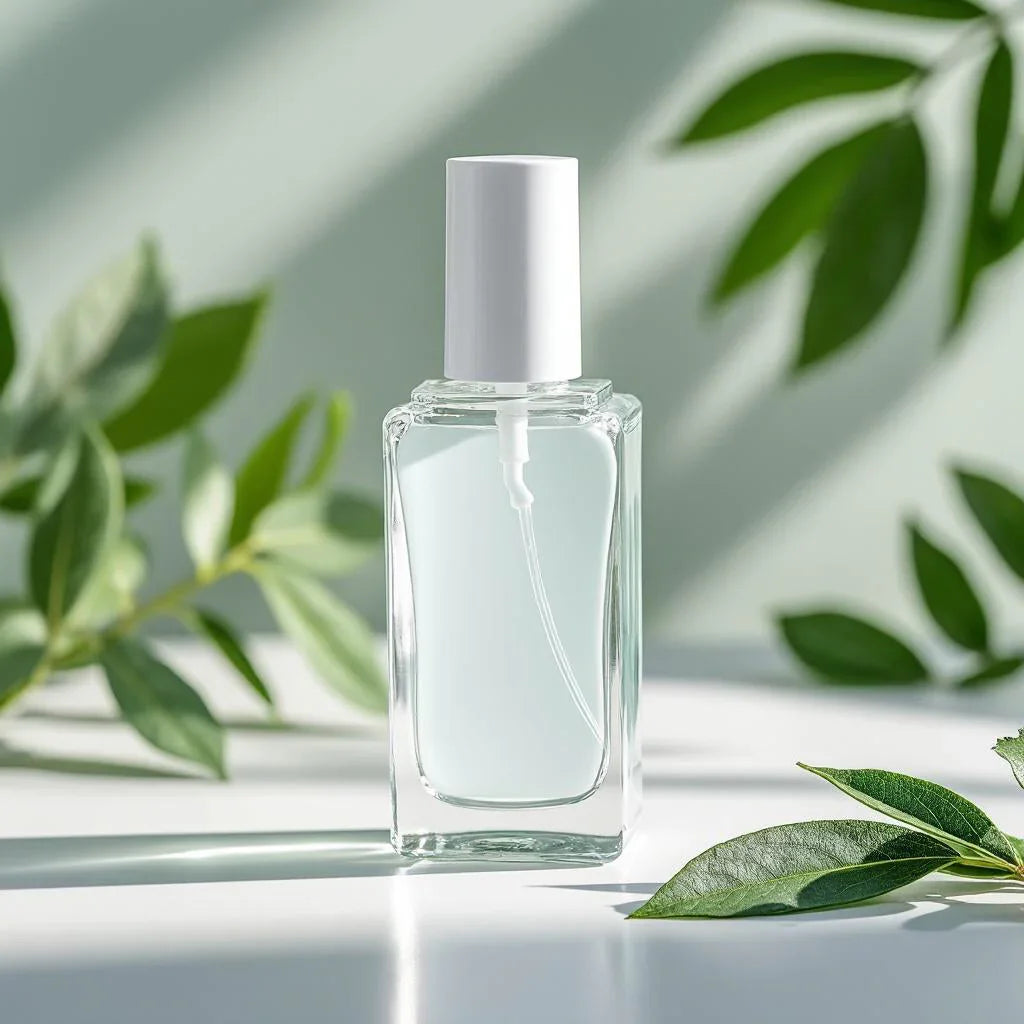 Flacon de parfum transparent sur table blanche, feuilles vertes en arrière-plan