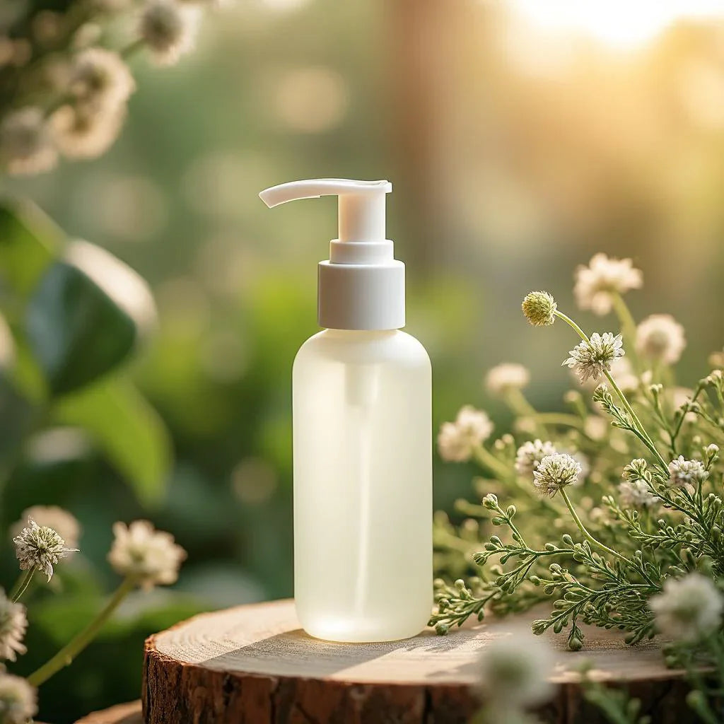 Flacon pompe cosmétique blanc sur souche bois, fleurs et verdure en arrière-plan, lumière naturelle