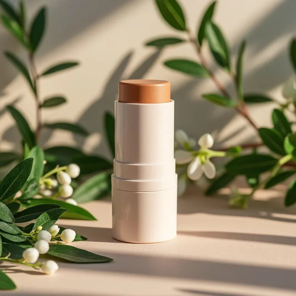 Stick de maquillage beige sur table, décoré de feuilles vertes et baies blanches, lumière naturelle