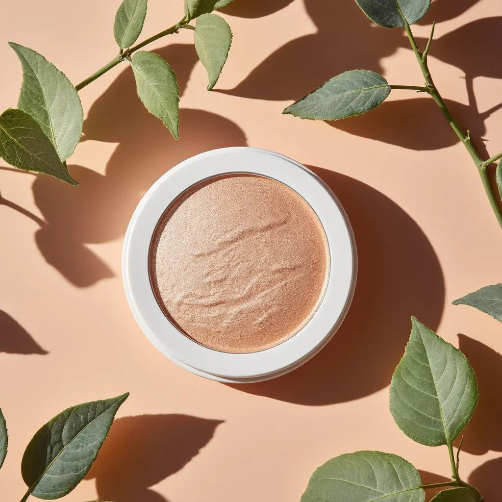 Poudre highlighter beige en boîtier blanc sur fond pêche avec feuilles vertes autour