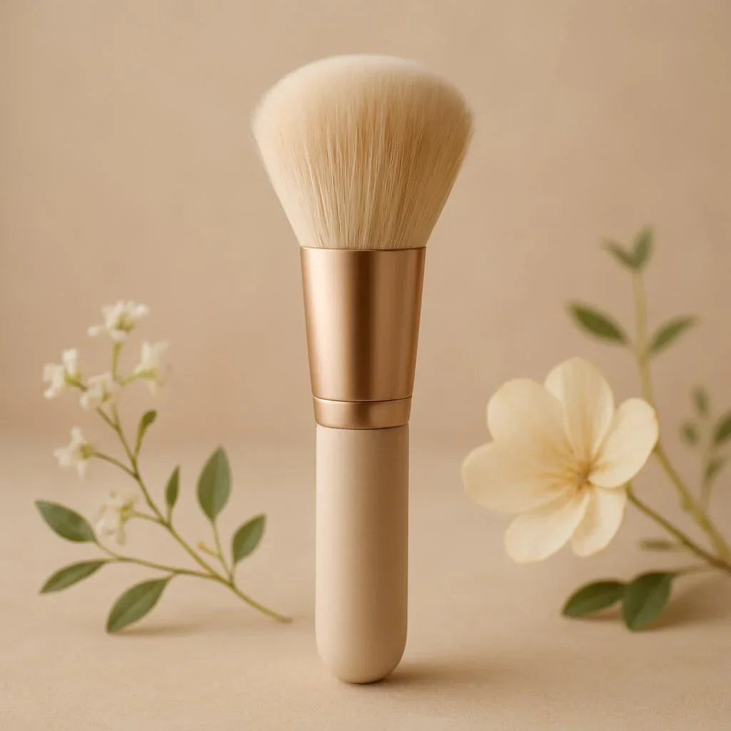 Pinceau maquillage doux à manche beige, fleurs décoratives, fond neutre élégant