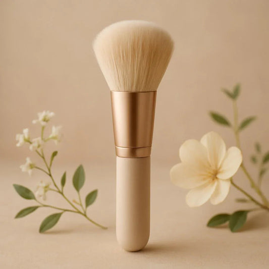 Pinceau maquillage doux à manche beige, fleurs décoratives, fond neutre élégant