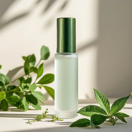 Flacon cosmétique en verre dépoli avec bouchon vert, feuilles naturelles en arrière-plan