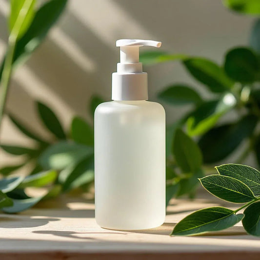 Flacon pompe cosmétique blanc sur fond de feuilles vertes en lumière naturelle