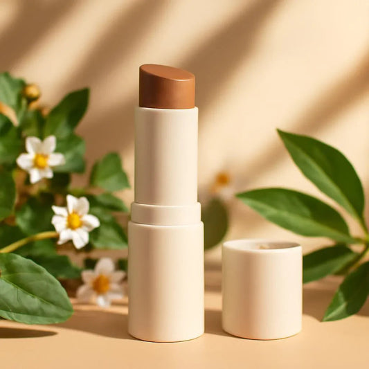 Stick de maquillage beige sur fond naturel, fleurs blanches et feuilles vertes