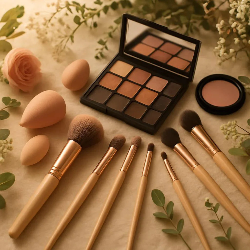 Pinceaux maquillage, palette fards à paupières tons chauds, éponges, fleurs décoratives