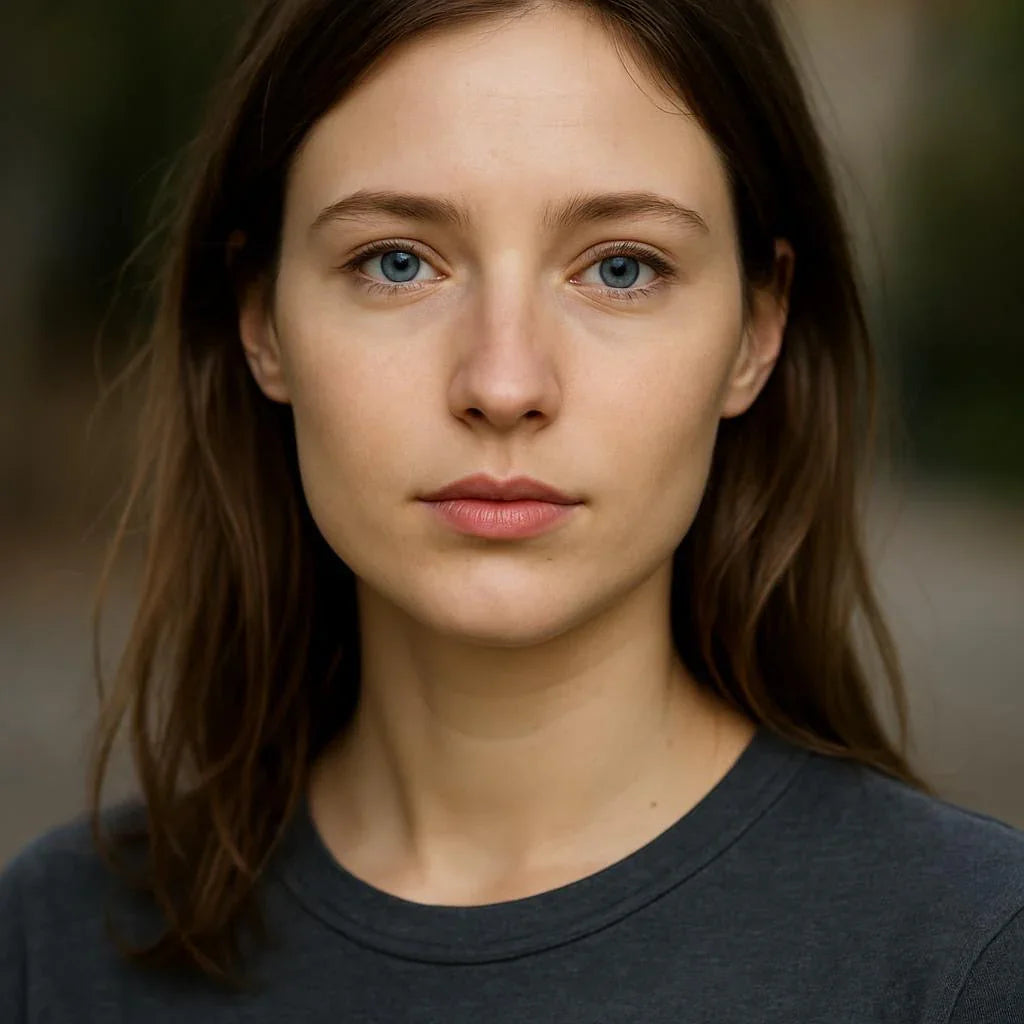 Portrait femme aux yeux bleus, cheveux châtains, t-shirt gris, fond extérieur flou