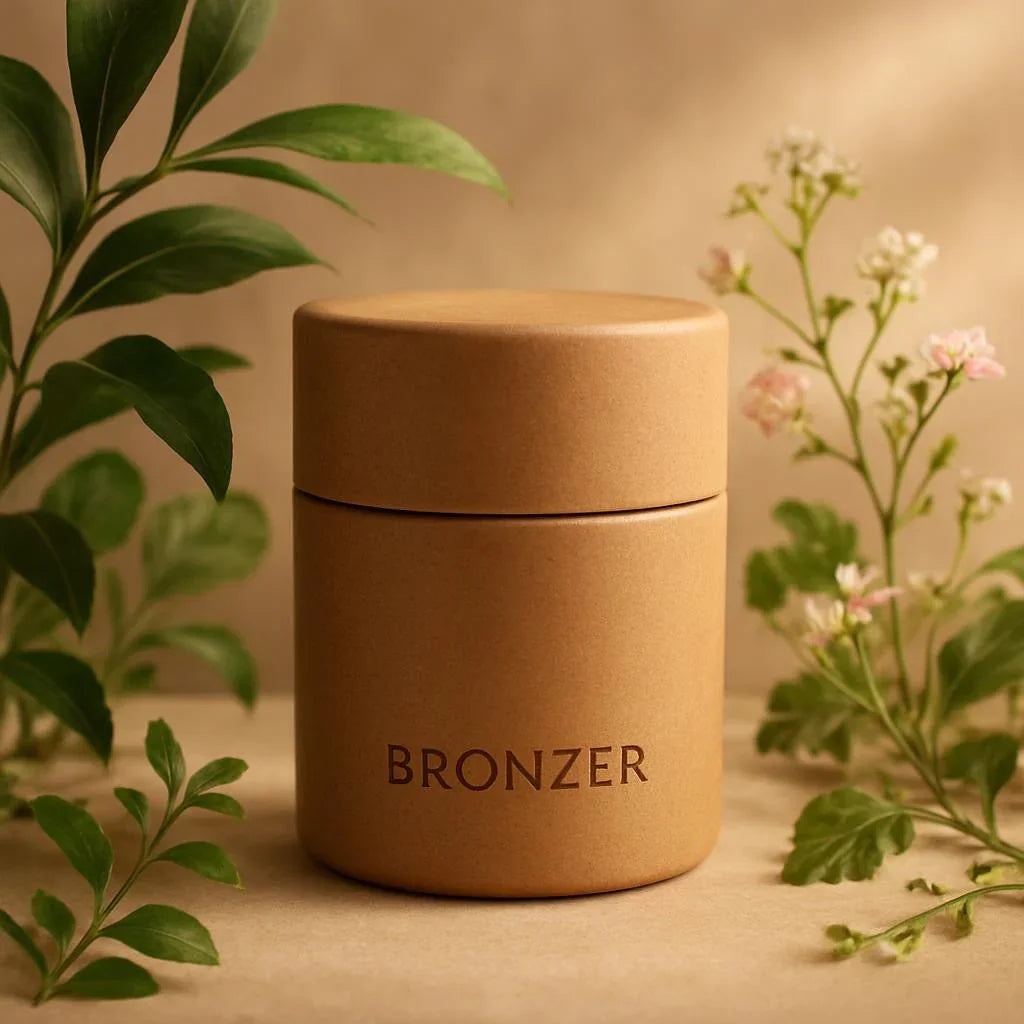 Pot de bronzer en carton sur fond naturel avec feuillage vert et fleurs claires