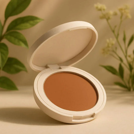 Poudre bronzante compacte dans un boîtier blanc, posée sur une table beige, avec plantes vertes.