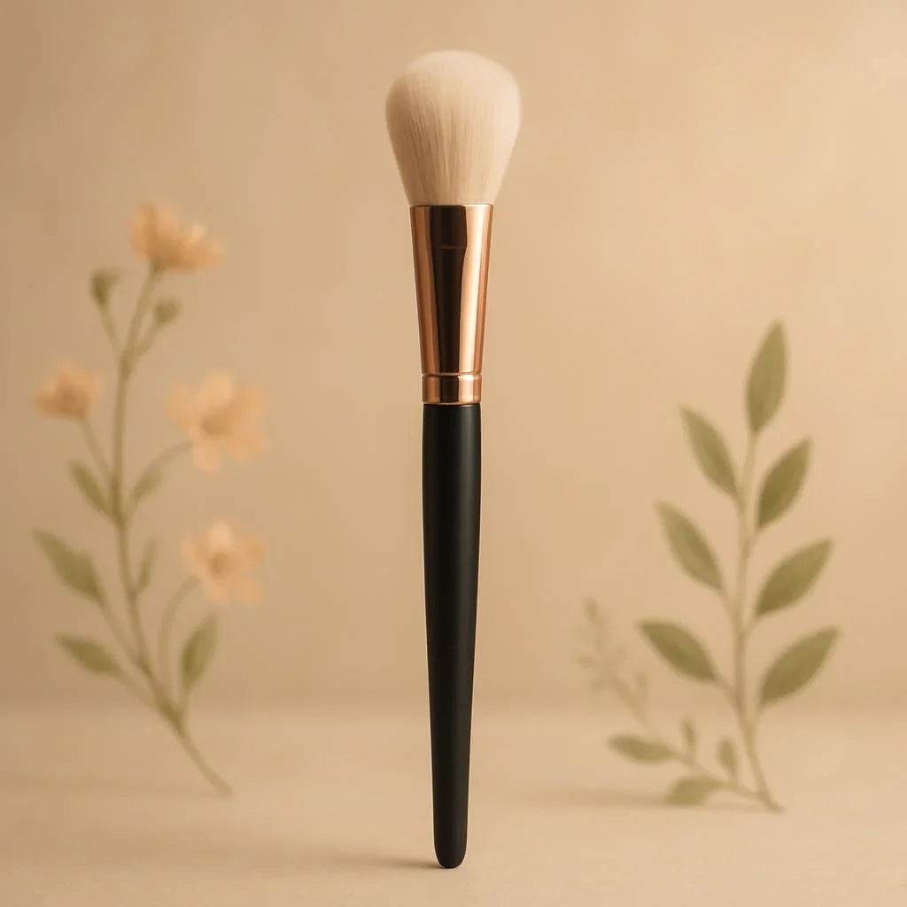 Pinceau maquillage élégant sur fond beige avec décor floral, accessoire beauté professionnel