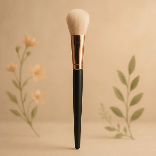 Pinceau maquillage élégant sur fond beige avec décor floral, accessoire beauté professionnel