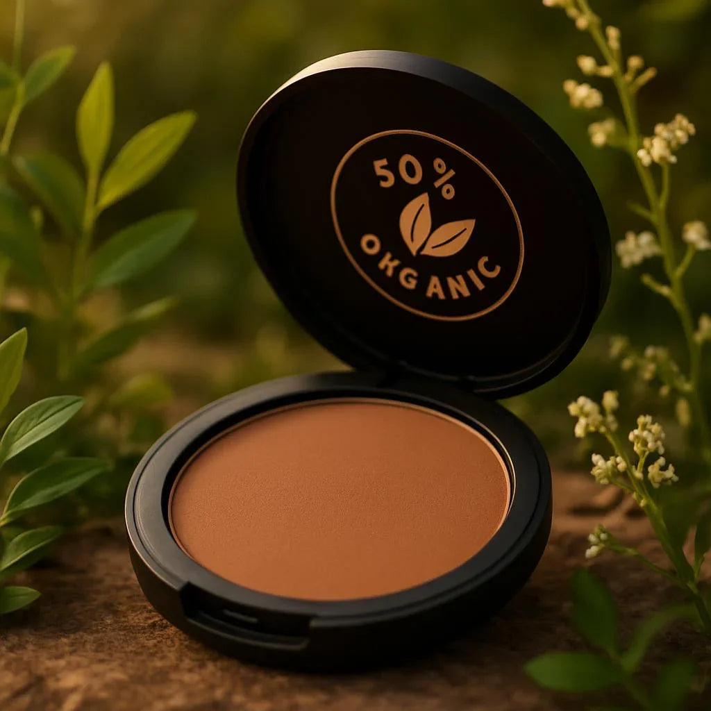 Poudre compacte bio 50% naturelle en extérieur, maquillage écologique sur fond végétal
