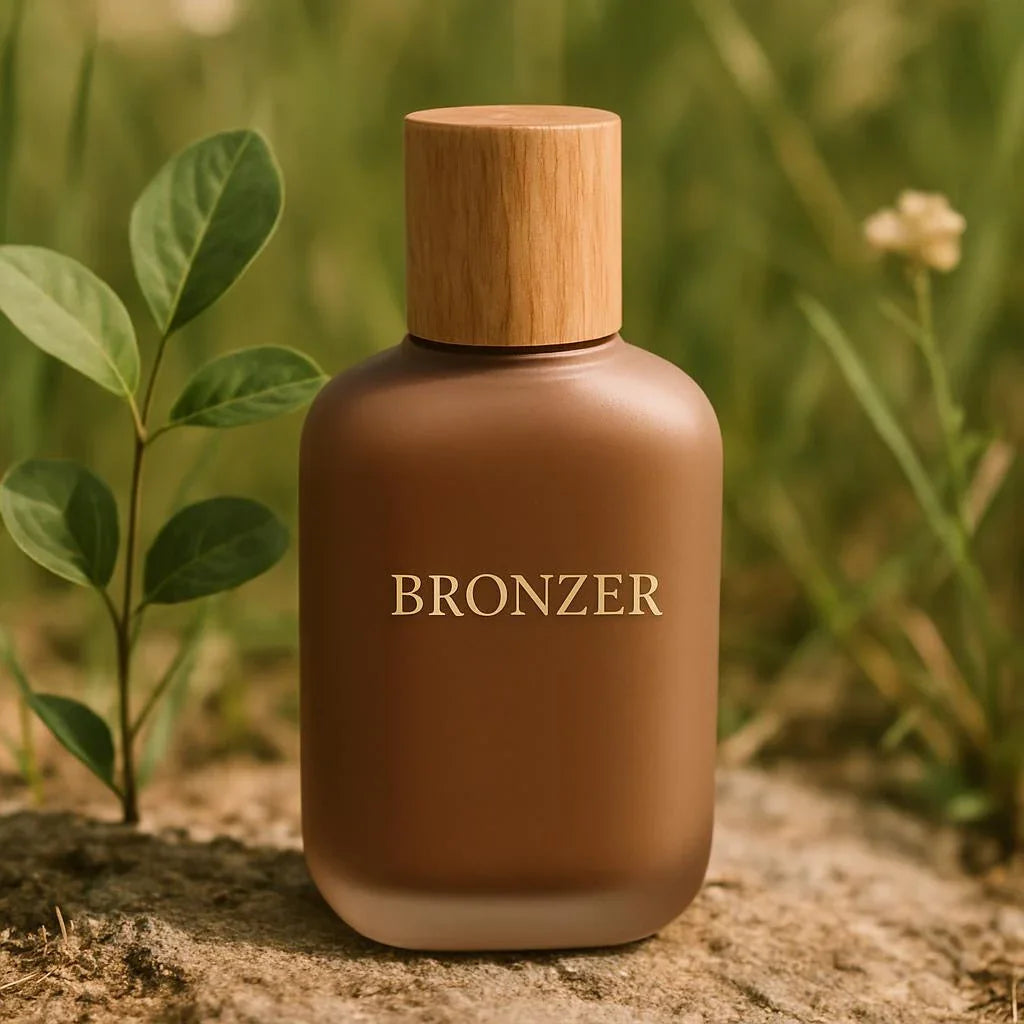 Flacon de bronzer marron mat avec bouchon en bois, posé sur la terre, nature en arrière-plan