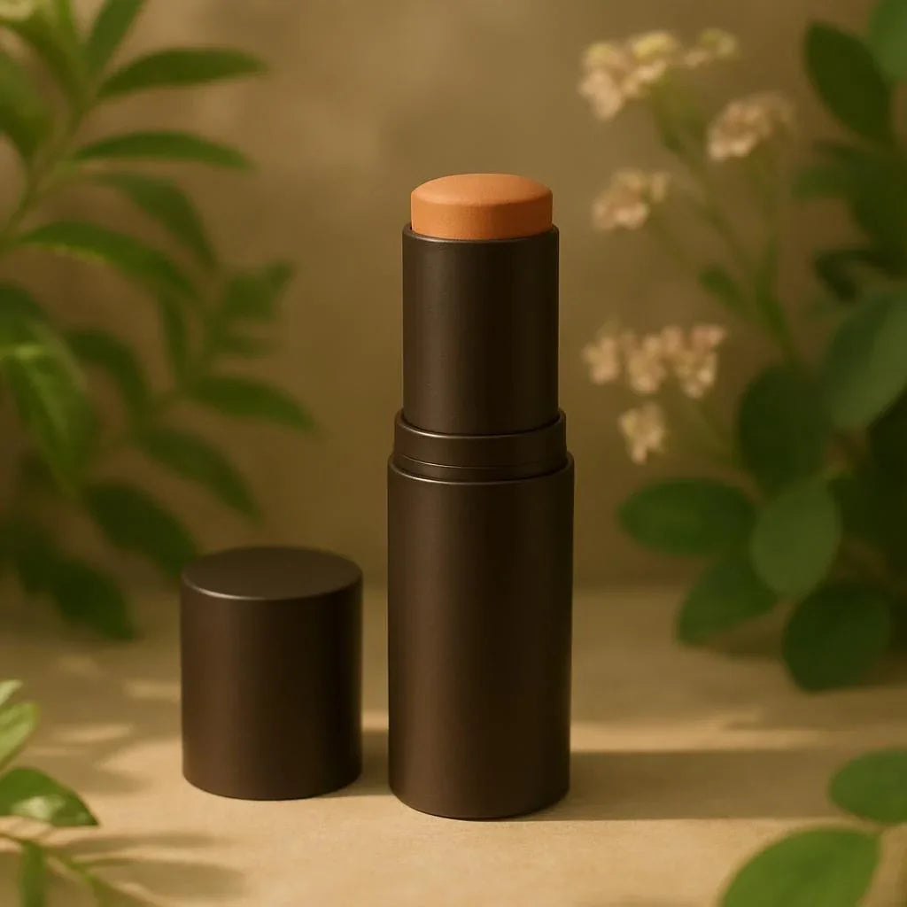 Stick de maquillage marron sur fond naturel avec plantes vertes