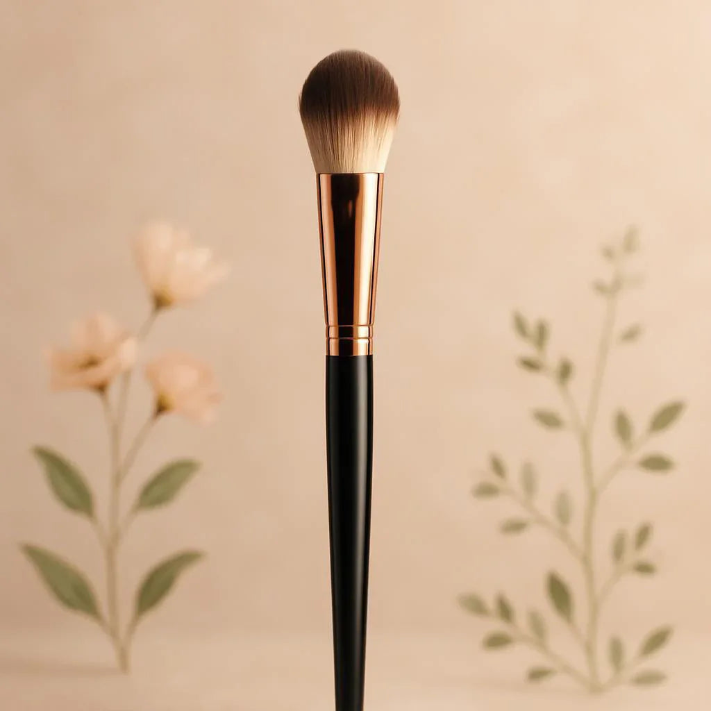 Pinceau de maquillage à manche noir sur fond beige avec fleurs et feuilles décoratives