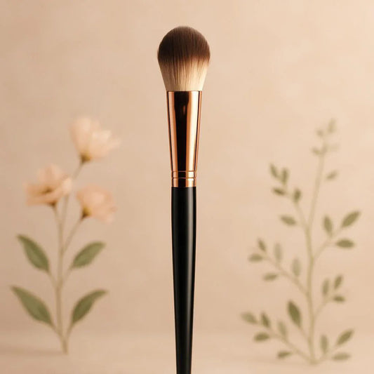 Pinceau de maquillage à manche noir sur fond beige avec fleurs et feuilles décoratives