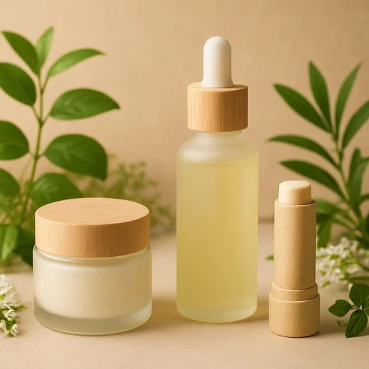 Soins naturels bio, flacons cosmétiques en verre avec bouchons en bois, plantes vertes en fond
