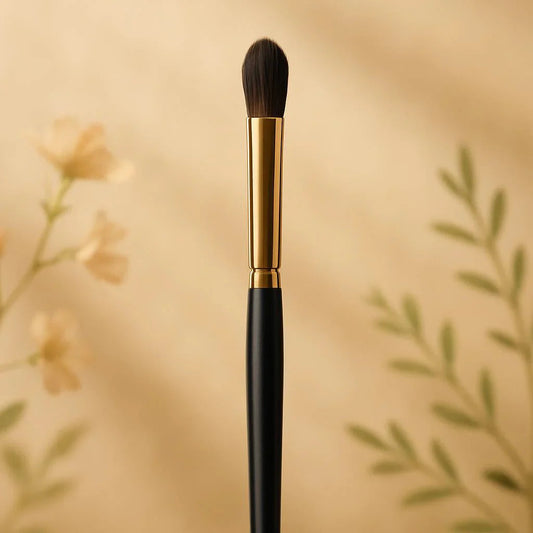 Pinceau maquillage doré sur fond beige avec fleurs floues, accessoire beauté élégant