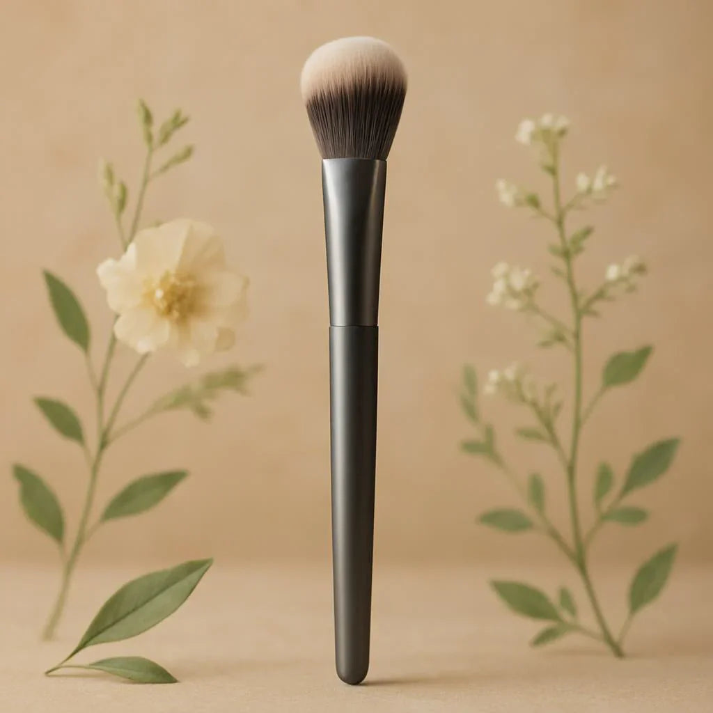 Pinceau maquillage noir sur fond beige avec fleurs décoratives