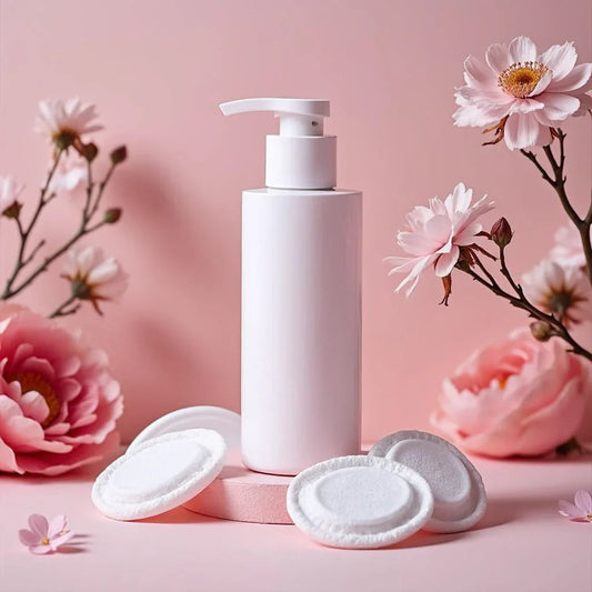 Flacon cosmétique blanc avec coton démaquillant sur fond rose et fleurs décoratives