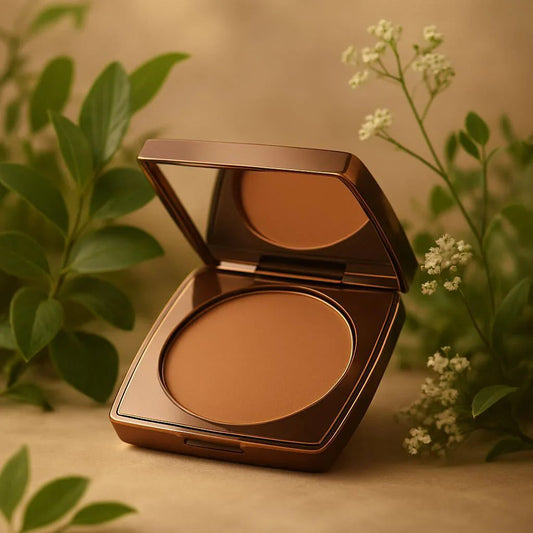 Poudre bronzante compacte marron dans un boîtier miroir sur fond naturel avec plantes vertes