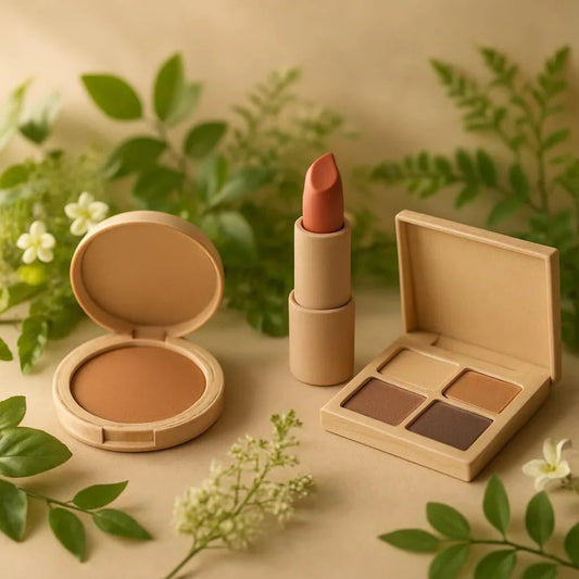 Maquillage naturel : poudre compacte, rouge à lèvres nude, palette ombres à paupières, décor végétal