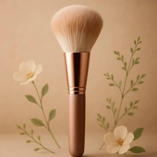 Pinceau maquillage doux avec manche doré, fleurs crème sur fond beige naturel élégant