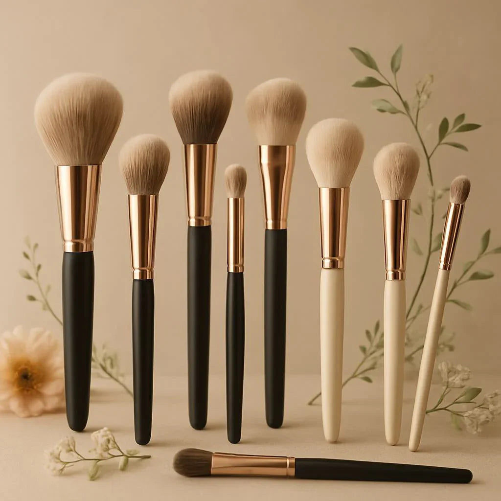 Ensemble de pinceaux maquillage dorés avec manches noirs et blancs, décor floral en fond.