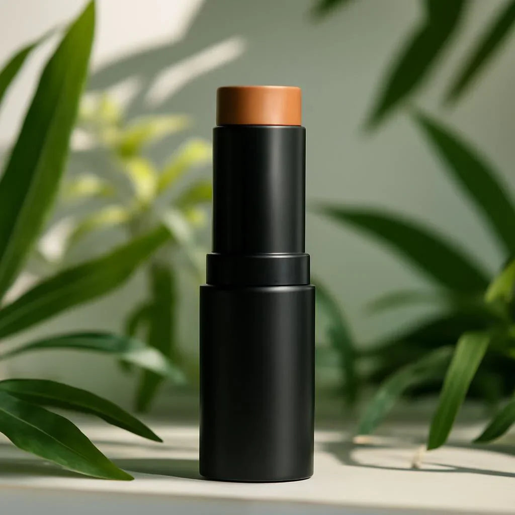 Stick de maquillage noir sur une table, plantes vertes en arrière-plan, lumière naturelle