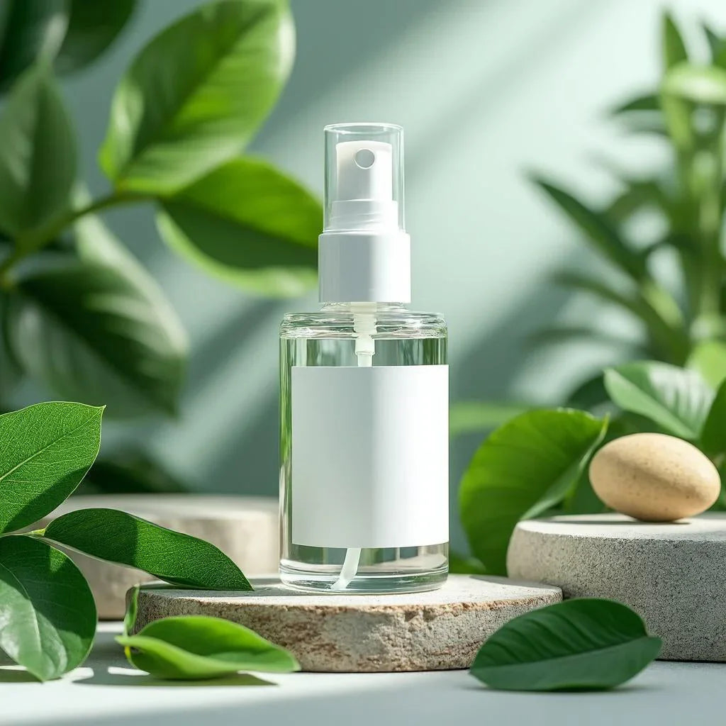 Flacon spray cosmétique naturel avec étiquette blanche sur fond de feuilles vertes