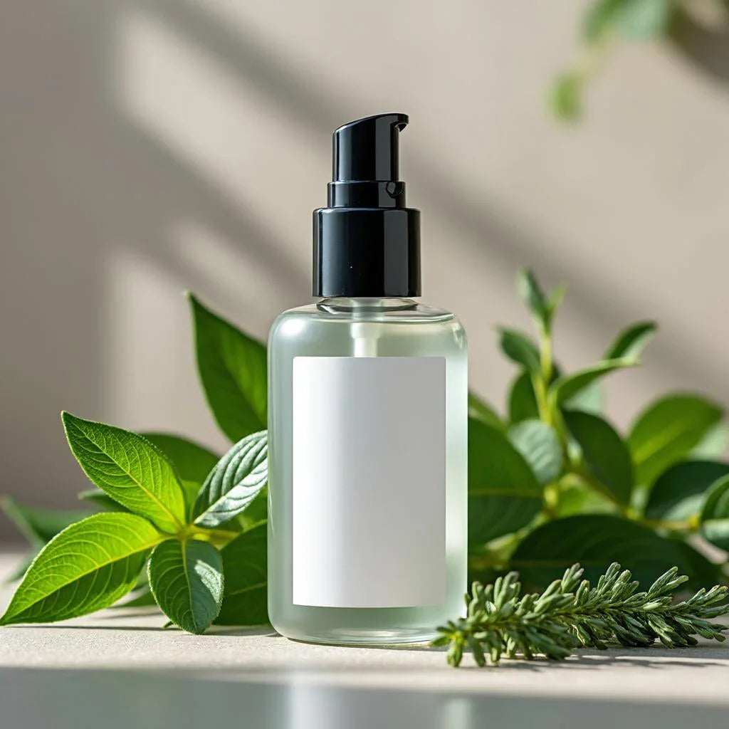 Flacon pompe cosmétique avec étiquette blanche, plantes vertes, lumière naturelle, soin naturel