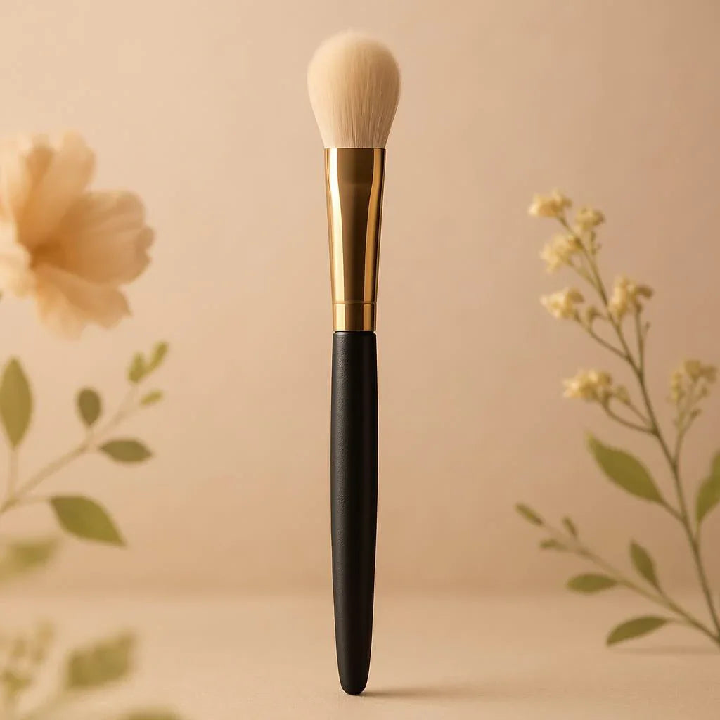 Pinceau maquillage doré et noir sur fond beige avec fleurs décoratives, accessoire beauté
