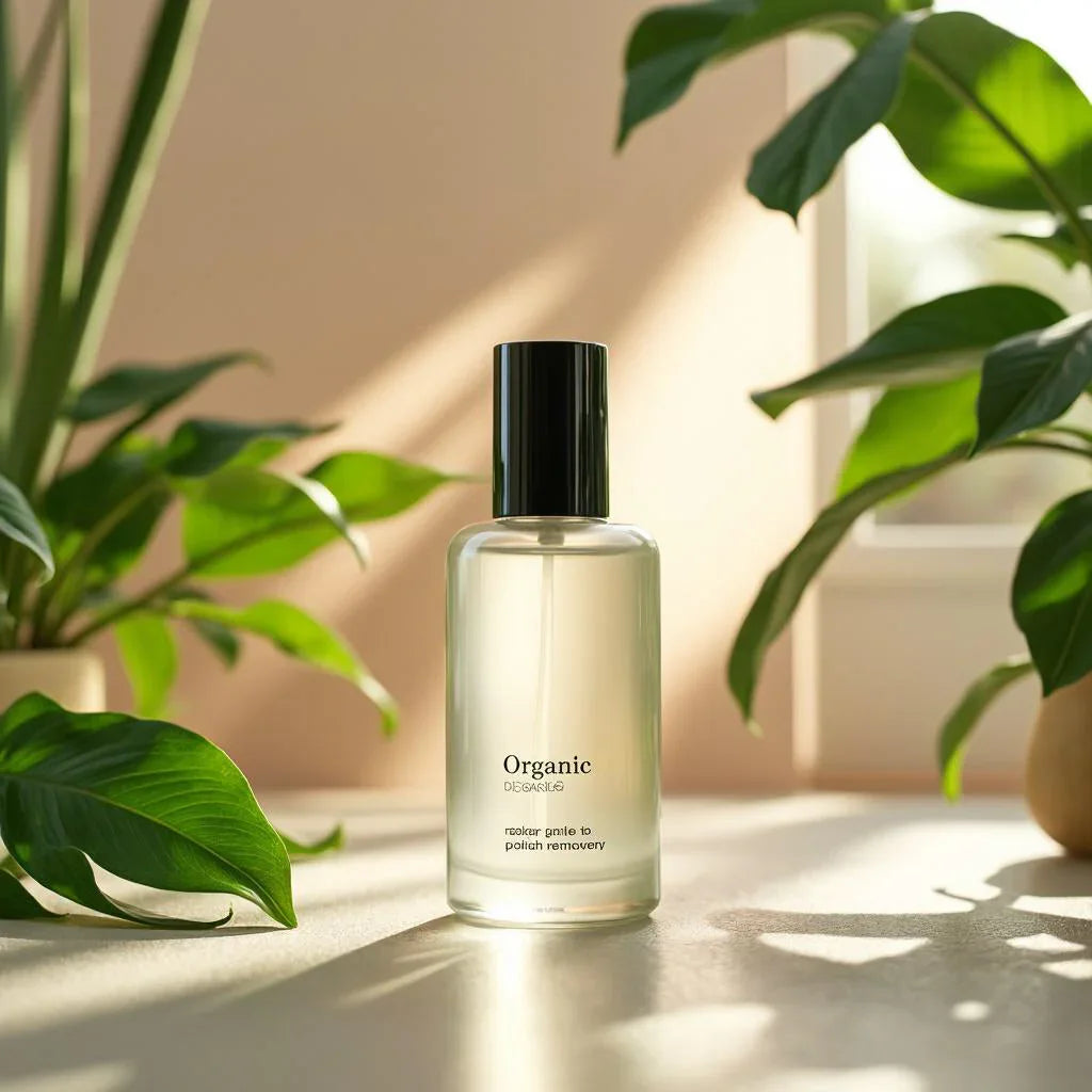 Flacon de dissolvant ongles bio sur table, plantes vertes en arrière-plan, lumière naturelle