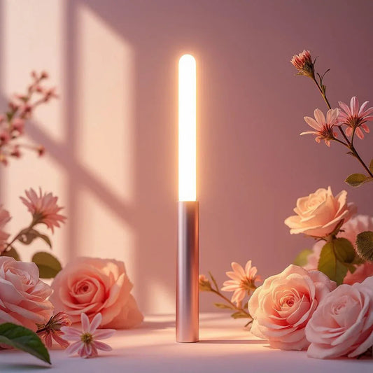 Lampe LED cylindrique émettant une lumière chaude, entourée de roses et de fleurs roses.