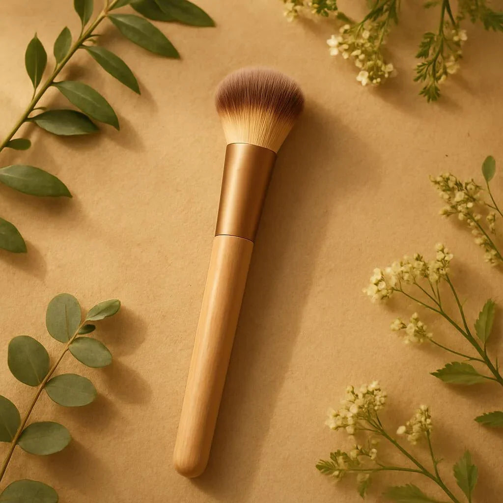Pinceau à maquillage en bois posé sur fond beige avec feuilles vertes et fleurs blanches