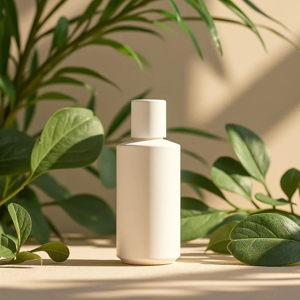 Flacon cosmétique blanc minimaliste posé sur une table entouré de feuilles vertes naturelles