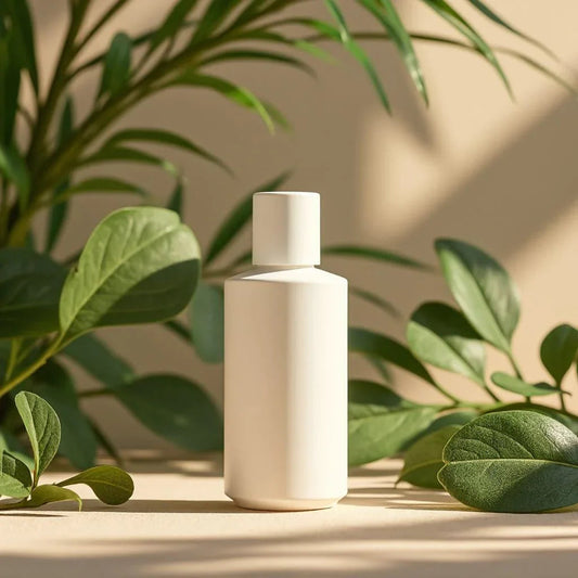 Flacon cosmétique blanc minimaliste posé sur une table entouré de feuilles vertes naturelles
