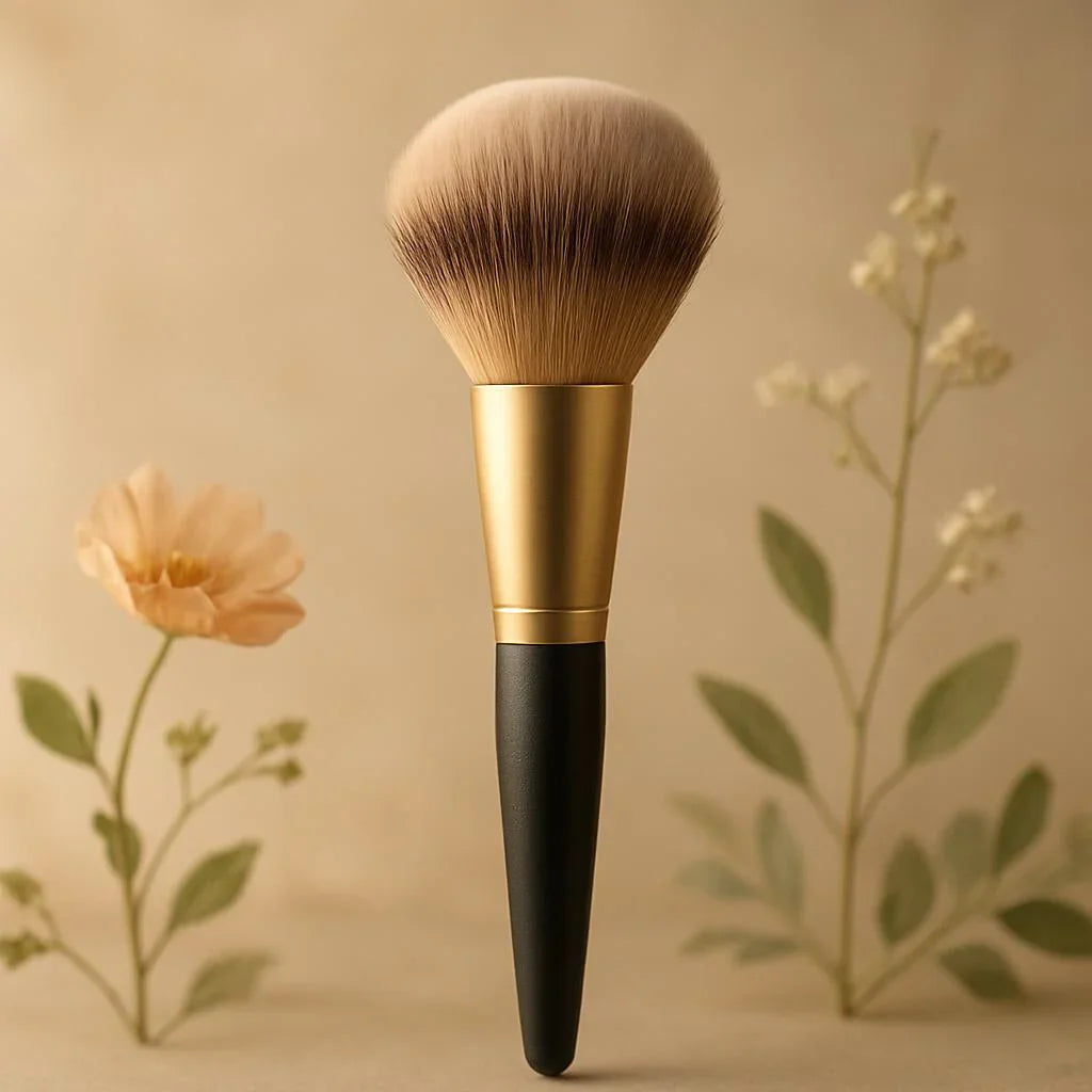 Pinceau maquillage fond doré avec fleurs décoratives, accessoire beauté élégant