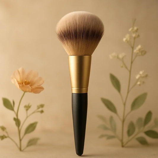 Pinceau maquillage fond doré avec fleurs décoratives, accessoire beauté élégant